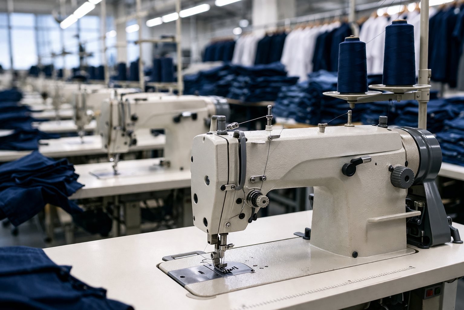 Linha de produção com máquinas de costura industrial