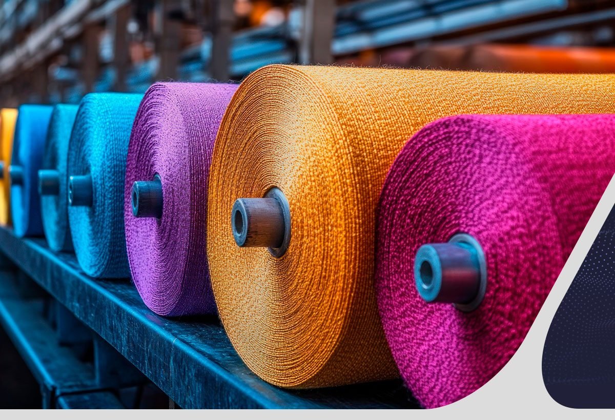 Rolos de linha têxtil coloridos em fábrica de confecção